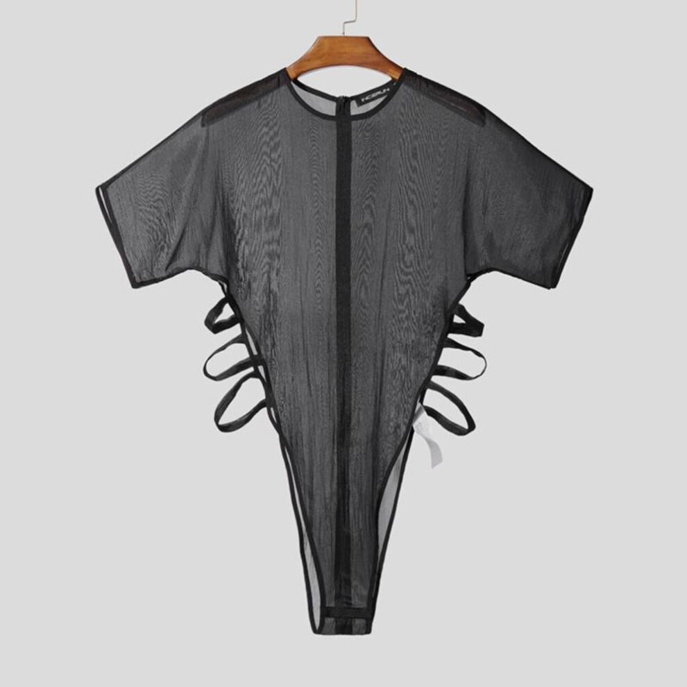 (XL, black) Incerun Summer Men Short Sleeve Mesh Sheer Bandage Hollow Fitted Briefs Jumpsuits