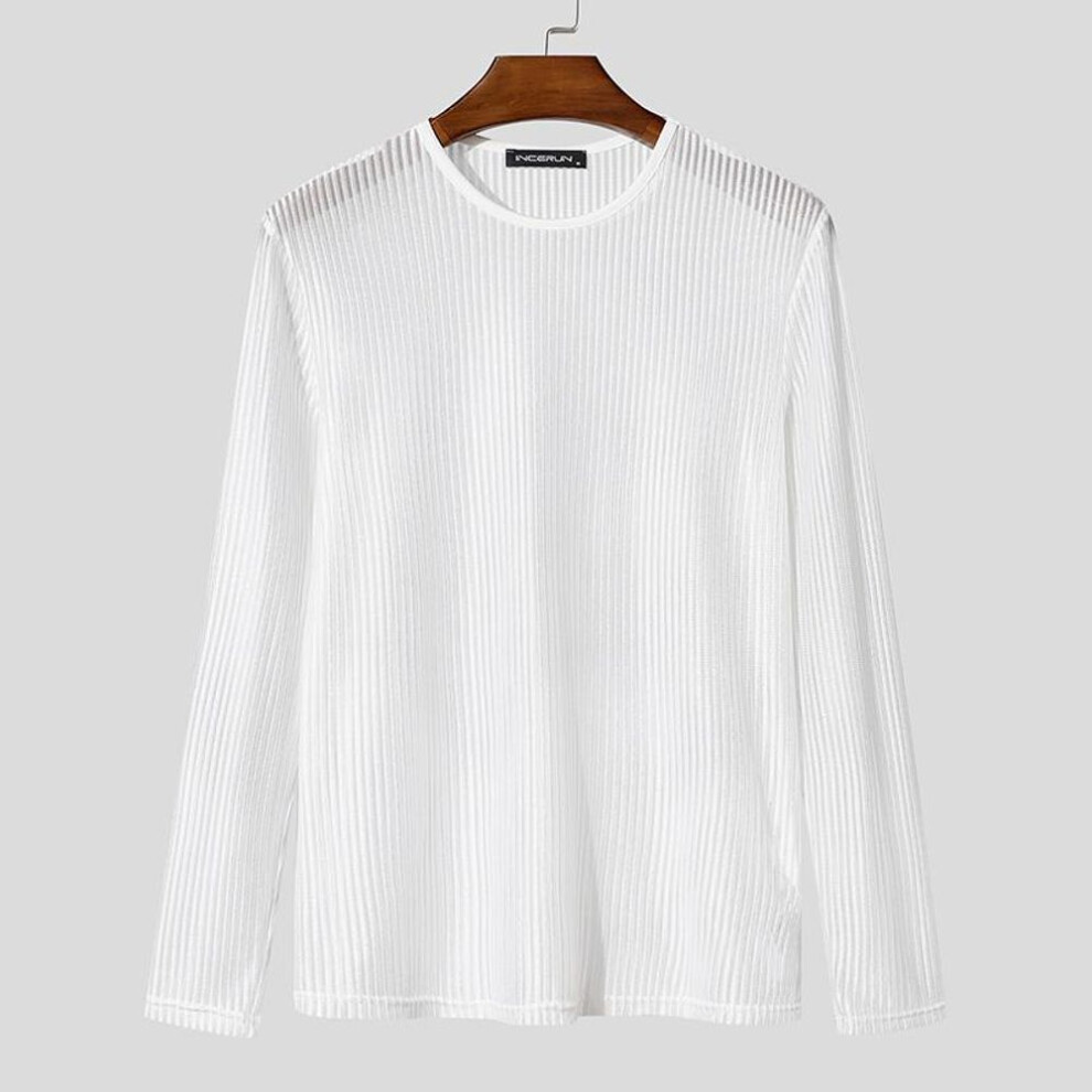 (M, white) INCERUN Men Long Sleeve Striped Mesh See Through Skinny Party Club T-shirts Tops