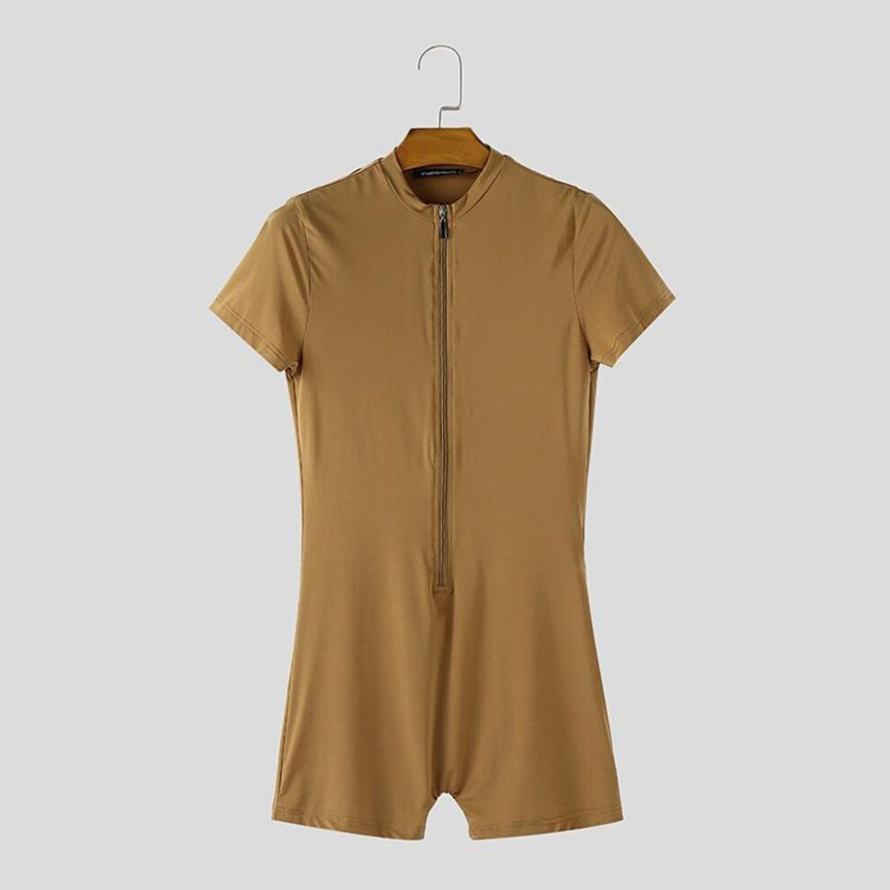 (3XL, light brown) Incerun Men Short Sleeve Front Zipper Semi-sheer Jumpsuits Pajamas Sleepwear
