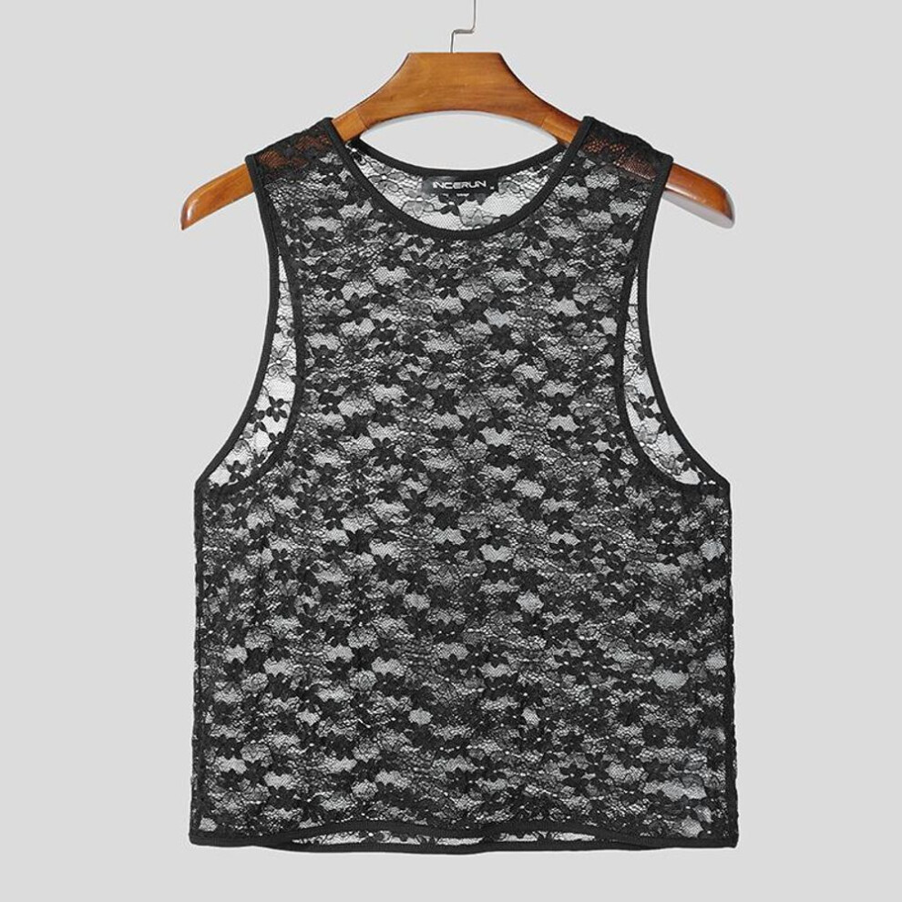 (3XL, black) Incerun Summer Men Sleeveless Lace Crochet Mesh Sheer See Through Party Short Tank Tops