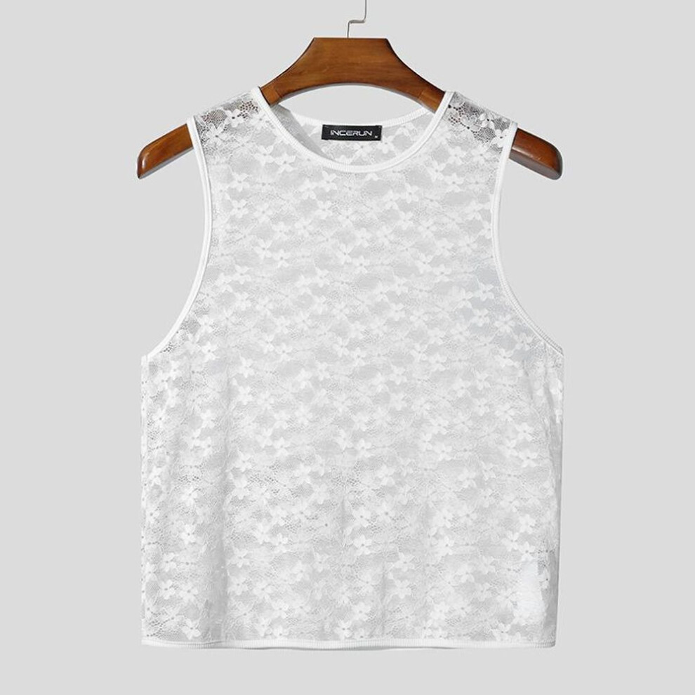 (3XL, white) Incerun Summer Men Sleeveless Lace Crochet Mesh Sheer See Through Party Short Tank Tops