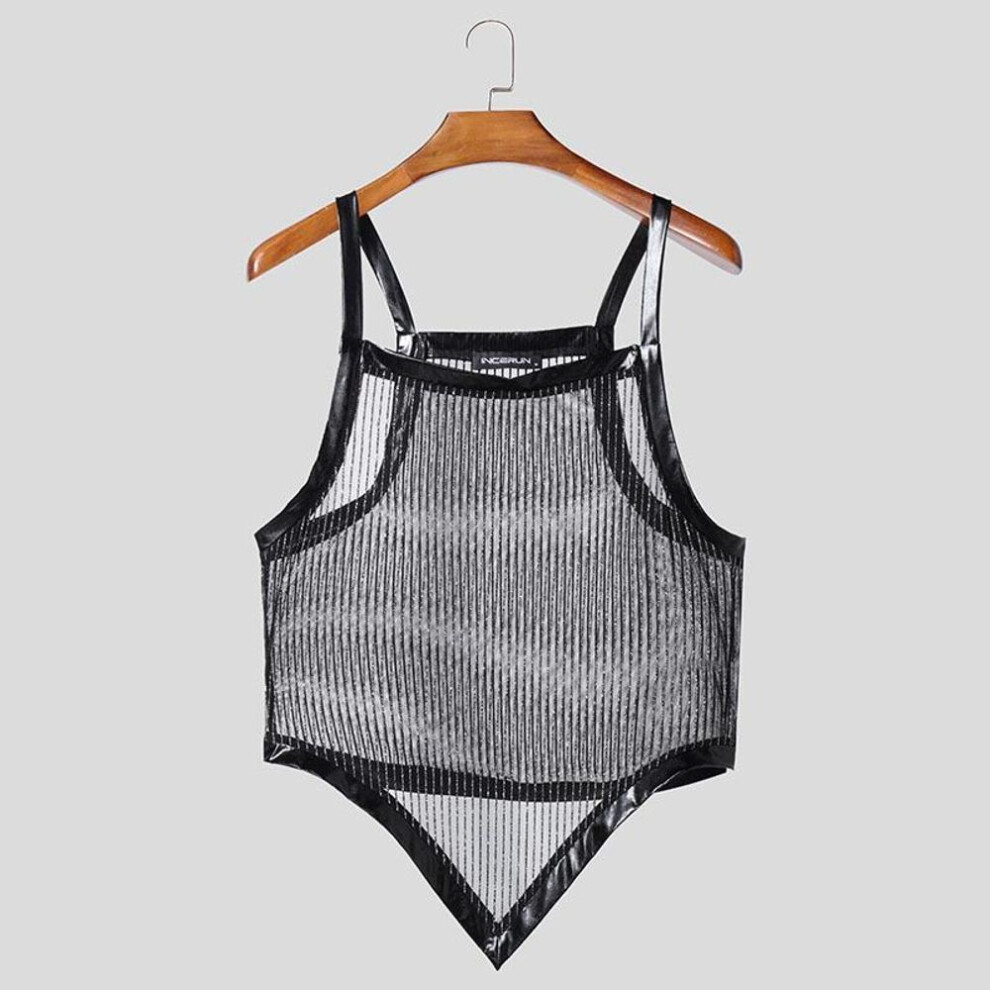 (2XL, black) INCERUN Men Summer Strap Sleeveless Glitter See Through Mesh Party Irregular Tank Tops