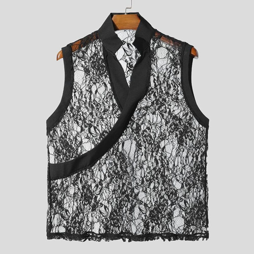 (3XL, black) INCERUN Summer Mens V Neck Sleeveless Stitching Lace Mesh Sheer Tank Tops