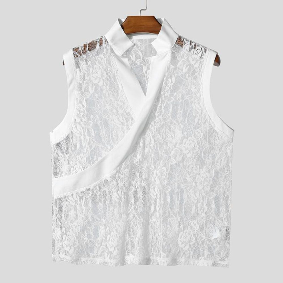 (S, white) Incerun Summer Mens V Neck Sleeveless Stitching Lace Mesh Sheer Tank Tops