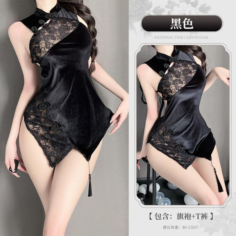 (black, one size fits all) Erotic lingerie women's sexy cheongsam uniform seduction flirting small breasts hot pajamas passion suit