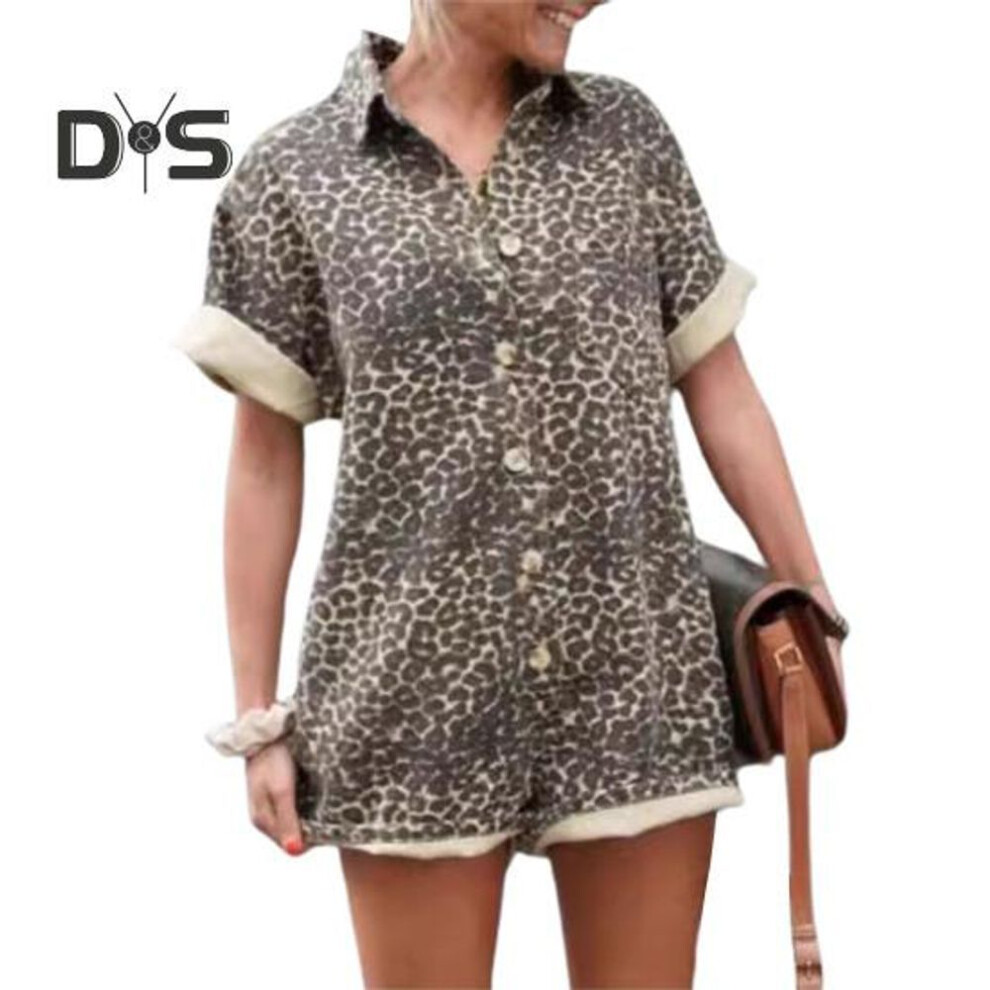 (S Leopard Print, as the picture) Women Summer Romper Leopard Print Short Sleeves Turn-down Collar Short Sleeves Single-breasted Loose Vacation Style Short Romper