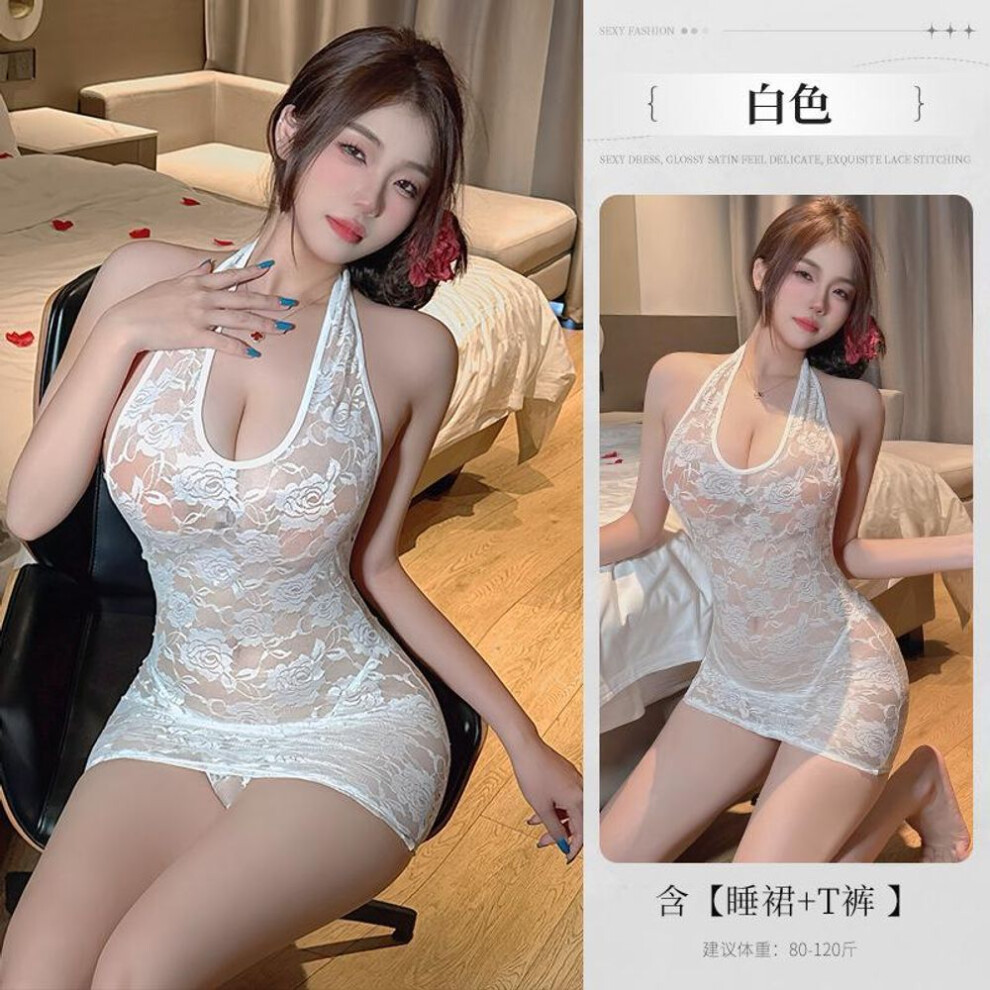 (white, One Size (80-60kg)) Sexy lingerie pure desire nightclub lace perspective temptation neck exposed chest tight hip wrap dress women