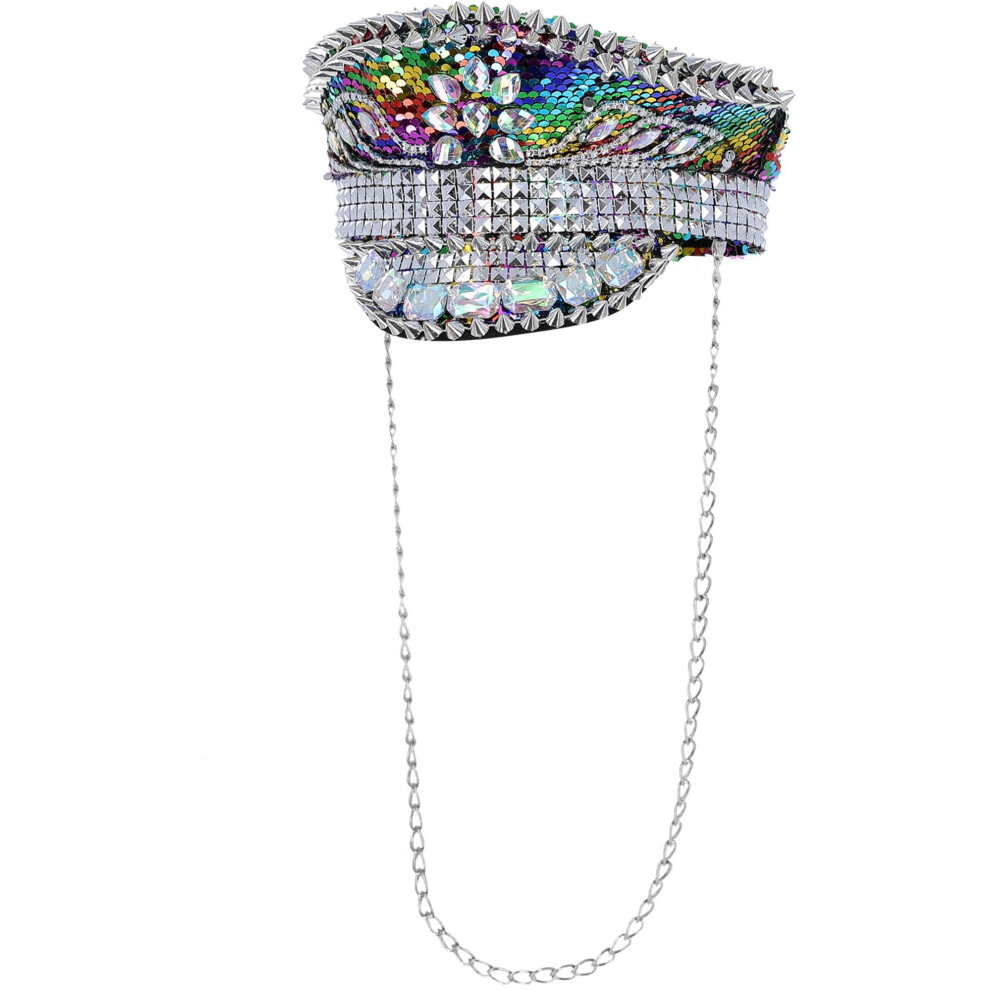 Smiffy's Fever Deluxe Sequin Studded Captains Hat, Rainbow With Chain, Fever Accessories Fancy Dress, All Dress Up Hats