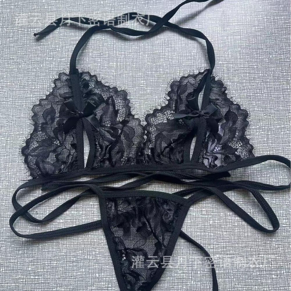 (M, black) Sex Underwear Temptation Hollowed-out See-through Breast Underwear Set Lace Sexy Two-piece Set For Women