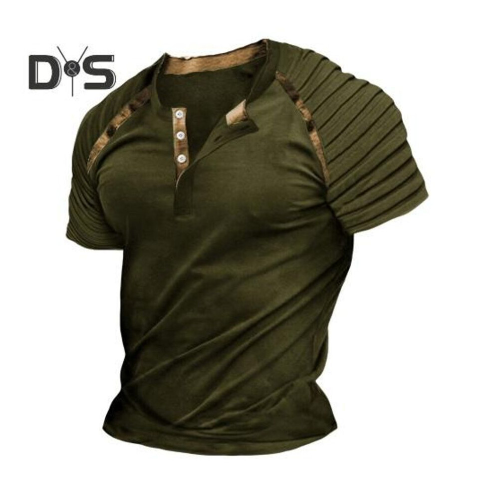 (army green, M) Men Summer T-shirt Pleated Shoulder Button Round Neck Slim Fit Retro Pullover Stretchy Mid Length Daily Wear Casual Top