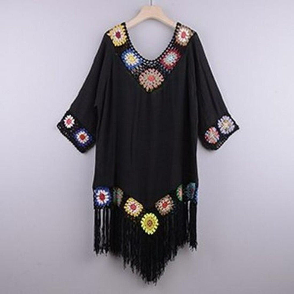 (One Size, black) European-american Style Tassel Hollow Bikini Blouse - 2025 Holiday Beachwear