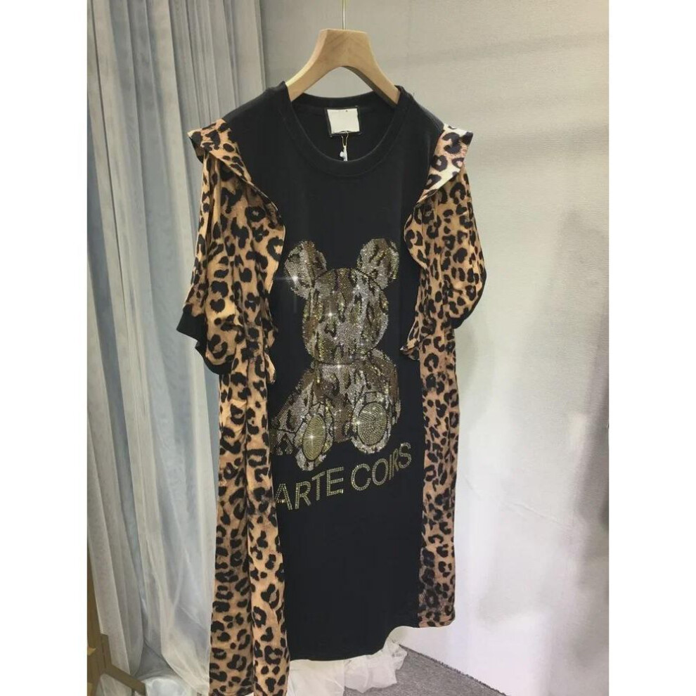(black, 4XL) "plus Size Summer Leopard Print Diamond Bear Dress With Ruffled Sleeves