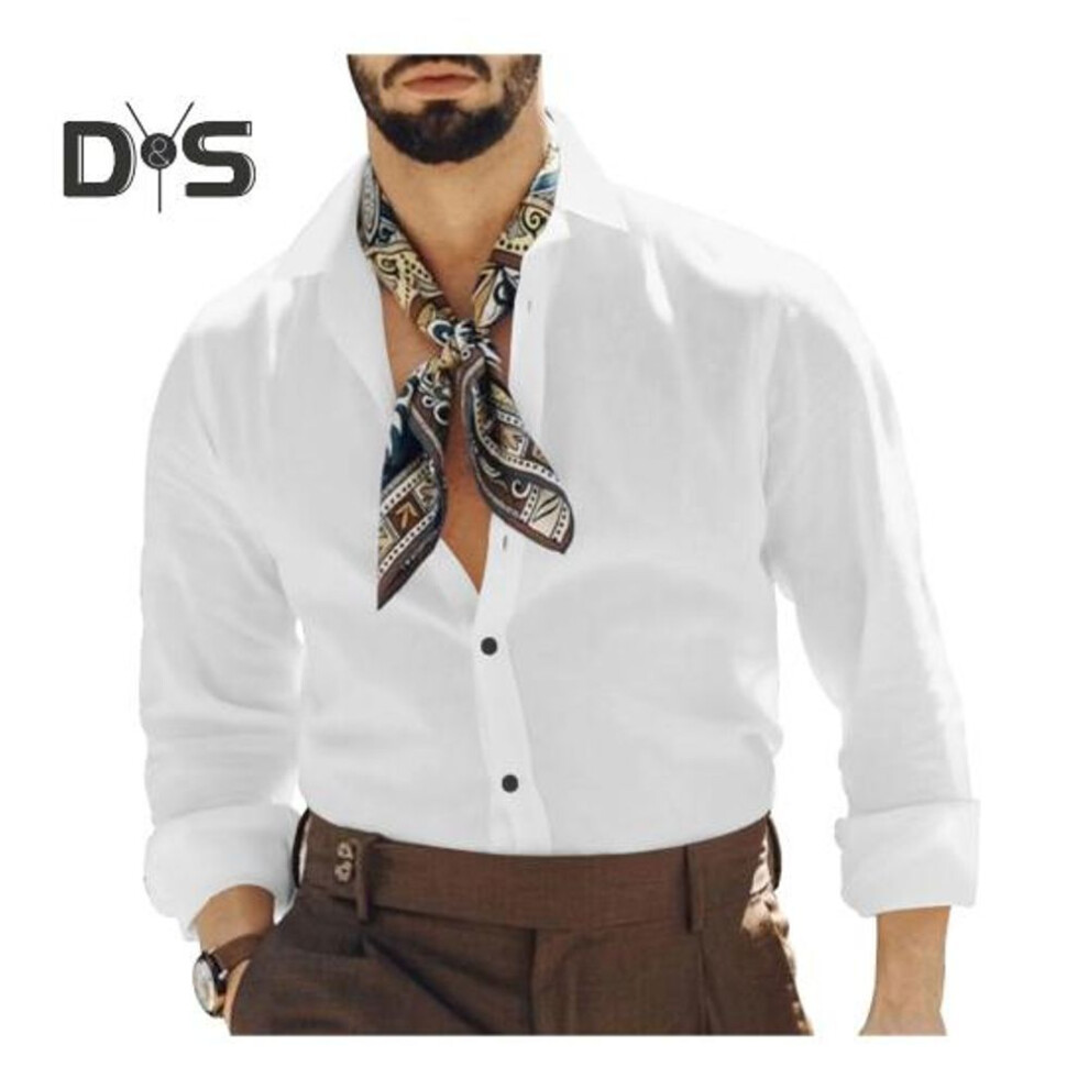 (XXXL, white) Men Shirt Turn-down Long Sleeves Button-down Solid Color Regular Fit Cardigan Mid Length Formal Business Club Party Shirt