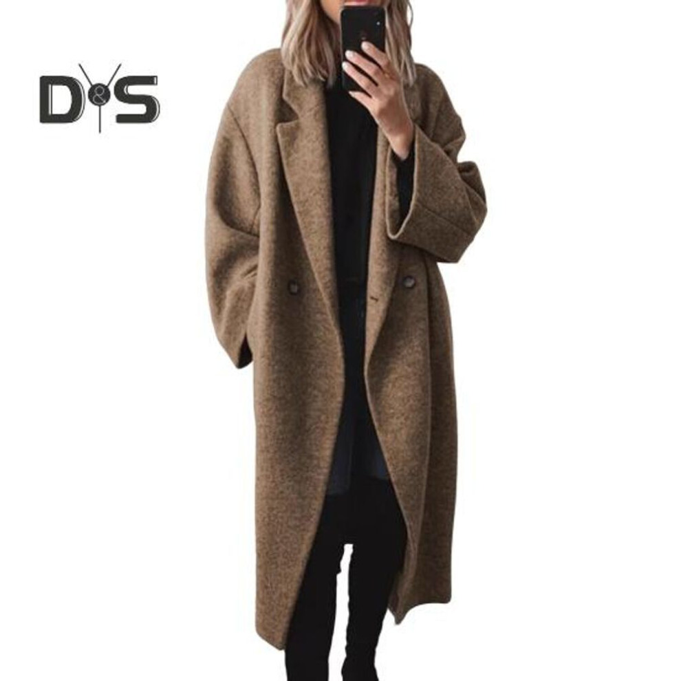 (tan, S) Women Woolen Jacket Turn-down Collar Solid Color Double Button Closure Windbreaker Mid Length Thermal Long Sleeved Coat Commuting Dating Spring Fall
