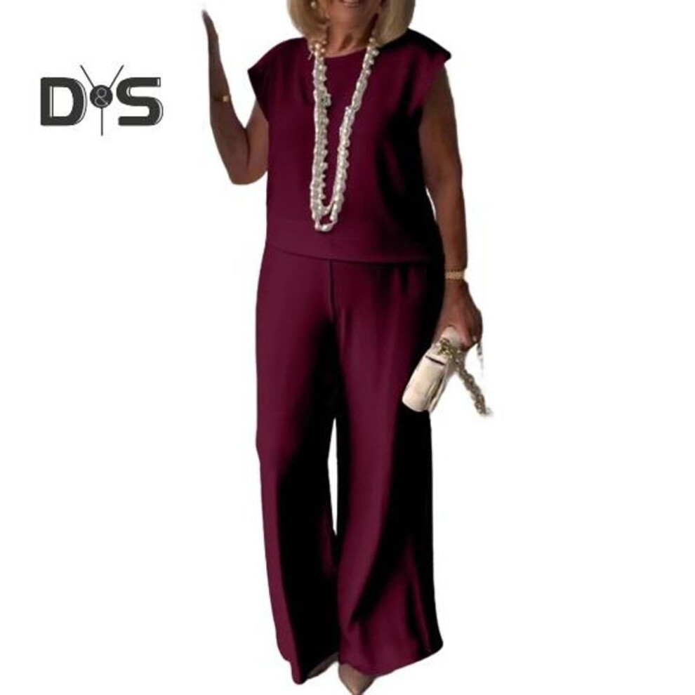 (wine red, XXXL) 2Pcs/Set Women Casual T-shirt Pants Suit Solid Color Spring Summer O Neck Sleeveless Top Loose Fit Wide Leg Pants Long Trousers Womenswear