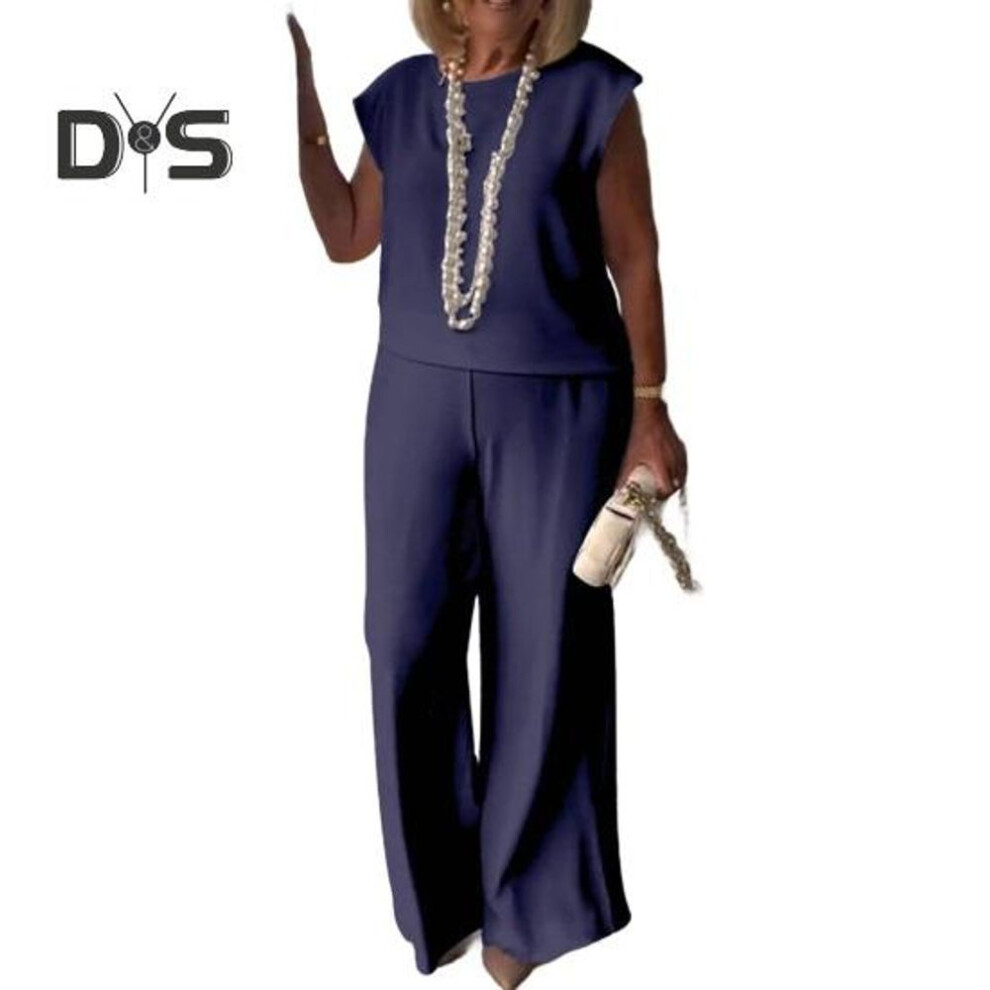 (navy blue, L) 2Pcs/Set Women Casual T-shirt Pants Suit Solid Color Spring Summer O Neck Sleeveless Top Loose Fit Wide Leg Pants Long Trousers Womenswear