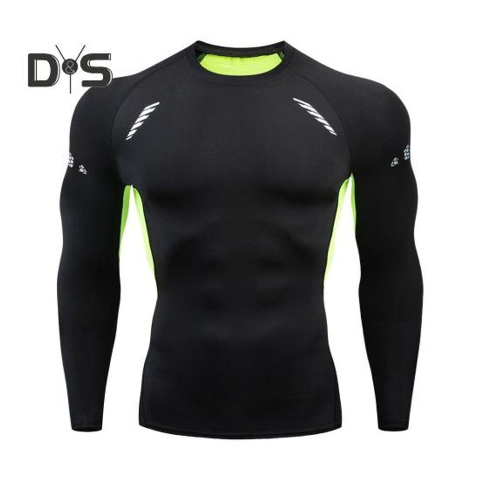 (green, M) Men Sport Top Slim Fit High Elasticity O Neck Quick-drying Long Sleeves Slim Fit Compression Figure Shaping Gym Running Basketball T-shirt