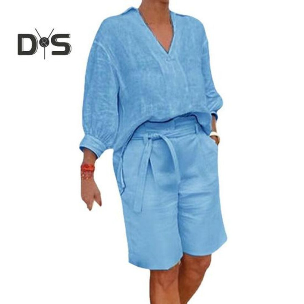 (blue, 2XL) 2 Pcs/set Women Shirt Shorts Set Solid Color Three Quarter Sleeves V Neck Blouse High Waist Loose Knee Length Pants Set Casual Outfit
