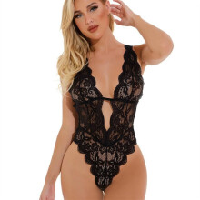 (black, L) Women's new sexy underwear, large size sexy onesie seductive sexy underwear lace deep V onesie