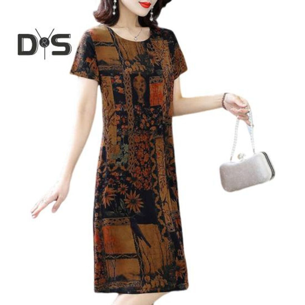 (black, 4XL) Summer Lady Dress Printing Short Sleeves Round Neck Plus Size Loose A-line Pullover Knee Length Retro Dating Shopping Midi Dress
