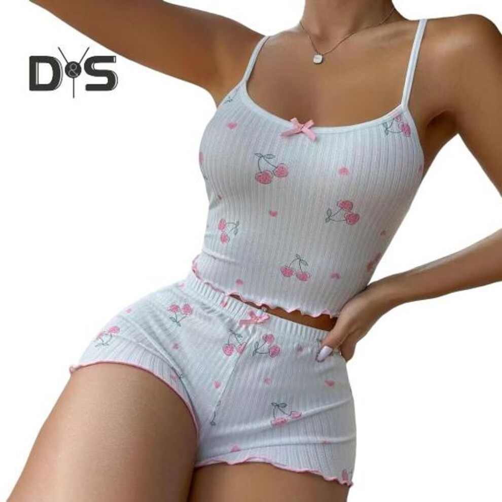 (XL, pink,white) 2 Pcs/Set Women Vest Shorts Suit Bow Cherry Print U Neck Sleeveless Top High Waist Short Trousers Homewear Loungewear Outfit Summer Sleepwear