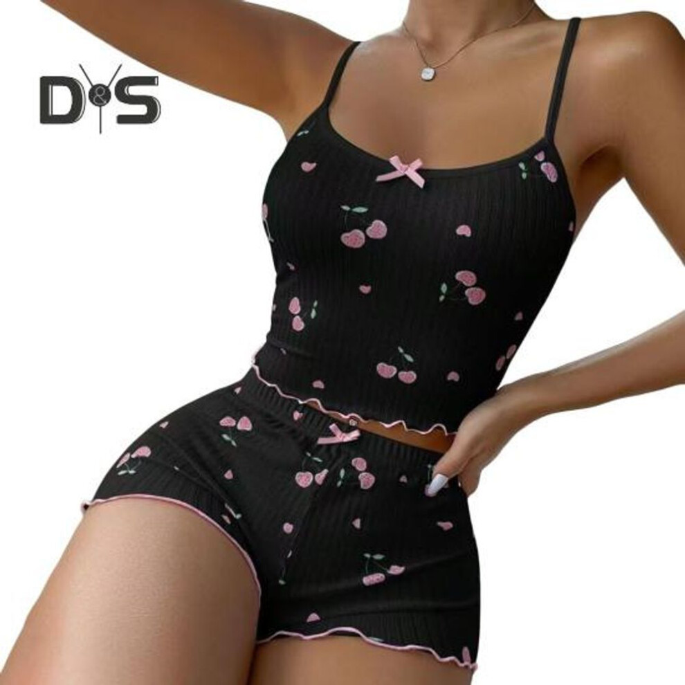 (M, black) 2 Pcs/Set Women Vest Shorts Suit Bow Cherry Print U Neck Sleeveless Top High Waist Short Trousers Homewear Loungewear Outfit Summer Sleepwear