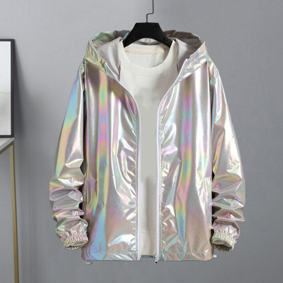 (silver, XXL) Black Sliver Shinny Jacket Men Bomber Jacket Korean Style Hip Hop Jacket Slim Men Jackets And Coats Streetwear Hooded Coat