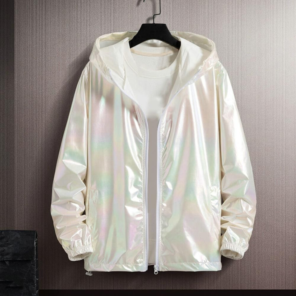 (white, L) Black Sliver Shinny Jacket Men Bomber Jacket Korean Style Hip Hop Jacket Slim Men Jackets And Coats Streetwear Hooded Coat