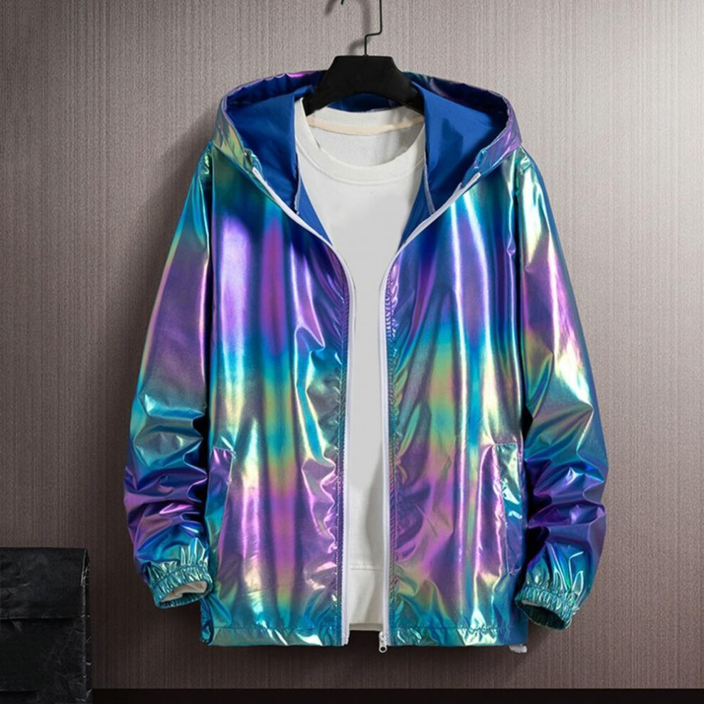 (purple, S) Black Sliver Shinny Jacket Men Bomber Jacket Korean Style Hip Hop Jacket Slim Men Jackets And Coats Streetwear Hooded Coat