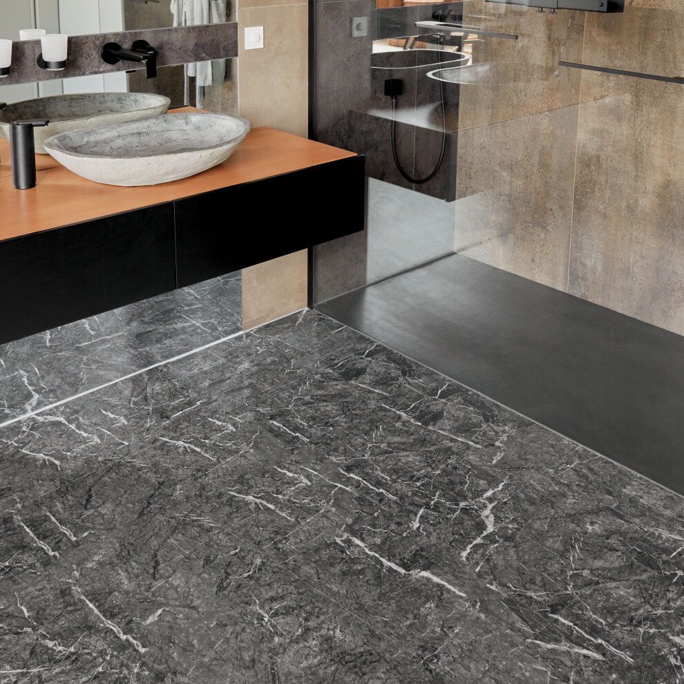 (Black Marble (12X24 In), Pack Of 30) Self Adhesive Vinyl Floor Tiles - Peel And Stick Floor Tiles, Durable Stick On Vinyl Flooring 5061064154189