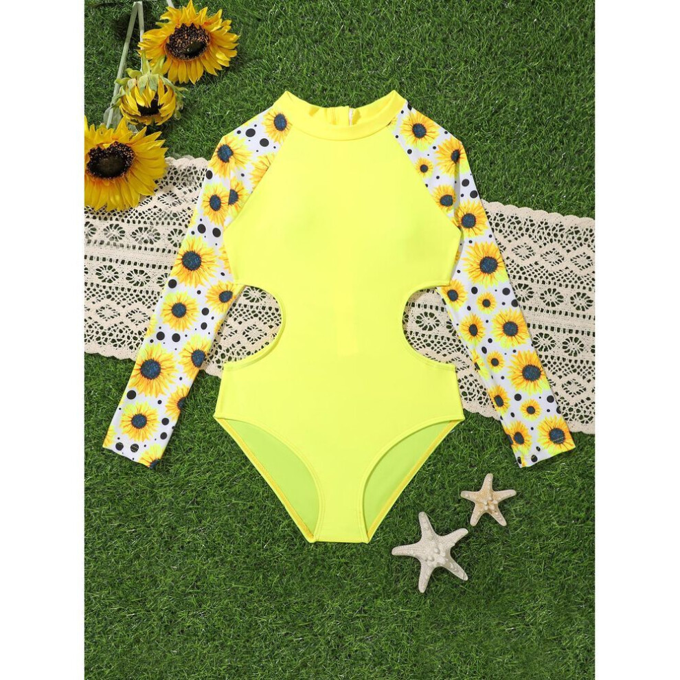 (yellow, 110) Kids Girls Swimsuit Long Sleeve  Printed Zippered Swimwear Bathing Suit  Bodysuit Beach Wear