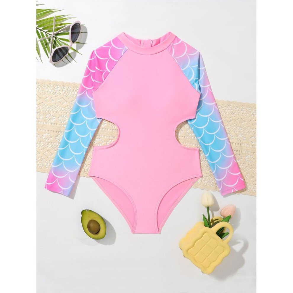 (purple, 160) Kids Girls Swimsuit Long Sleeve  Printed Zippered Swimwear Bathing Suit  Bodysuit Beach Wear