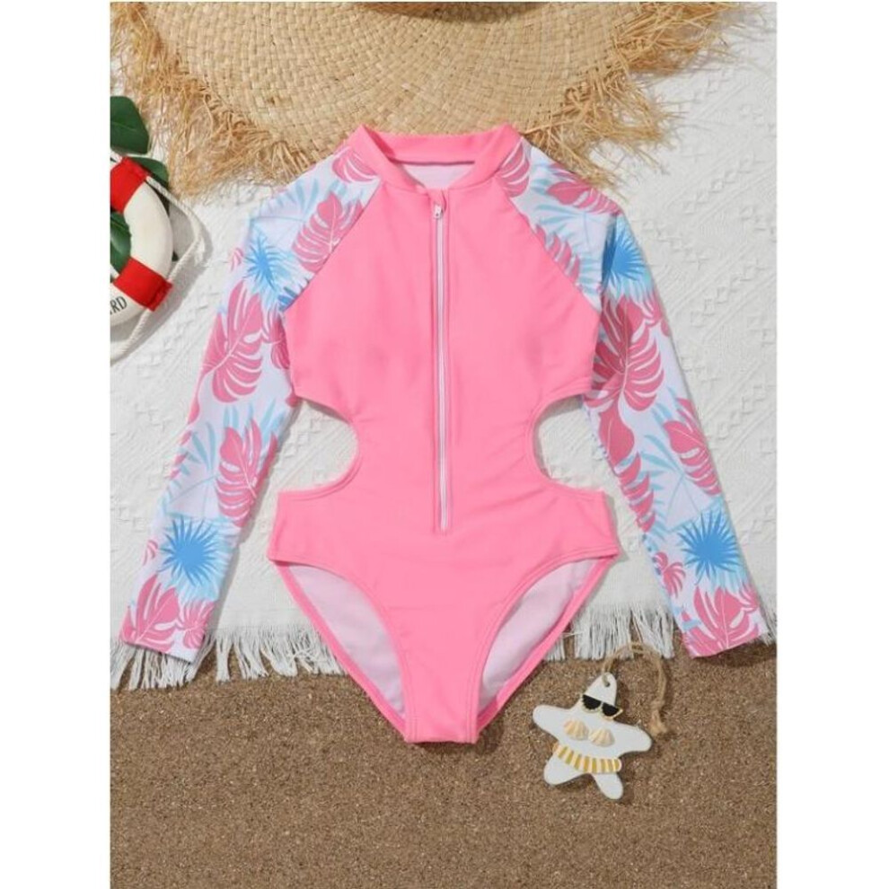 (pink, 130) Kids Girls Swimsuit Long Sleeve  Printed Zippered Swimwear Bathing Suit  Bodysuit Beach Wear