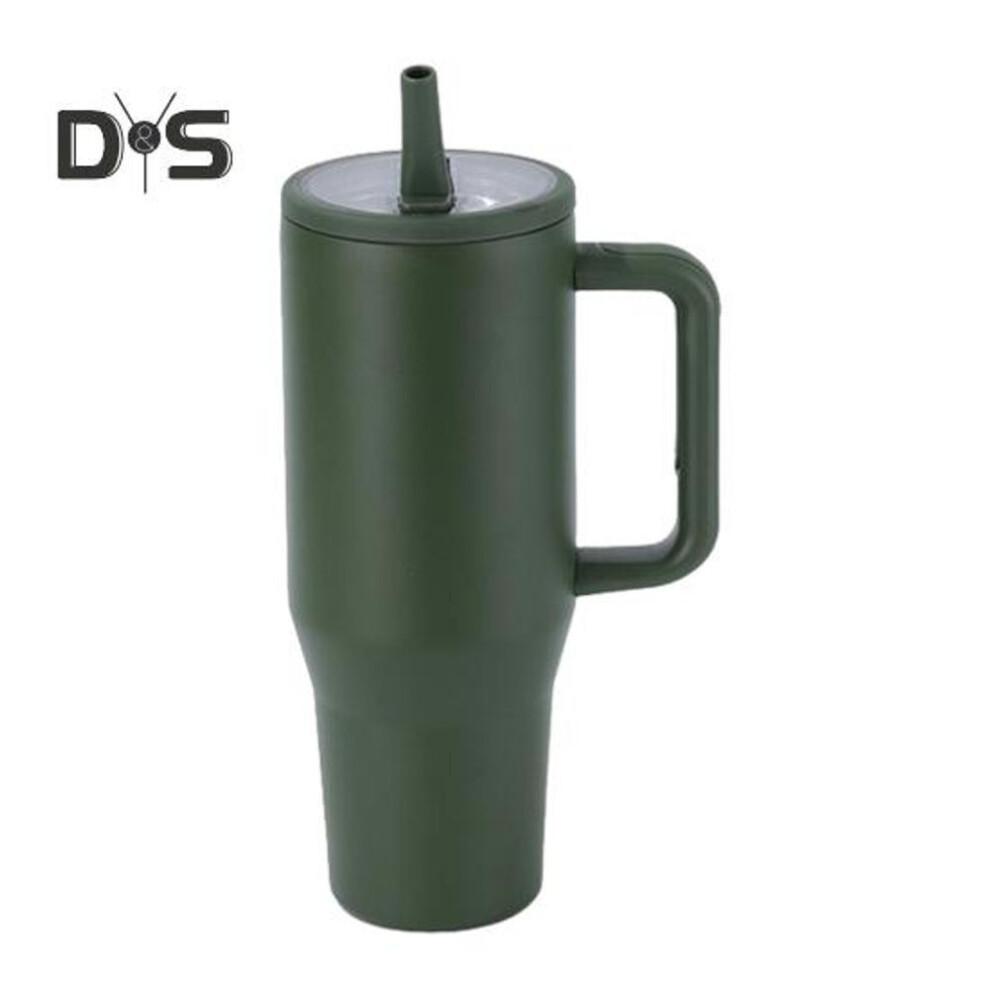 (dark green, 1200ml) 40 Oz Thermal Cup Stainless Steel Tumbler With Flip Straw Leakproof Insulated Travel Mug With Handle For Home Office Car