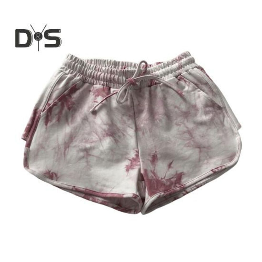 (pink, XL) Women Shorts Elastic Drawstring High Waist Sport Shorts Tie-Dye Print Wide Leg Pants Versatile Regular Style Running Shorts