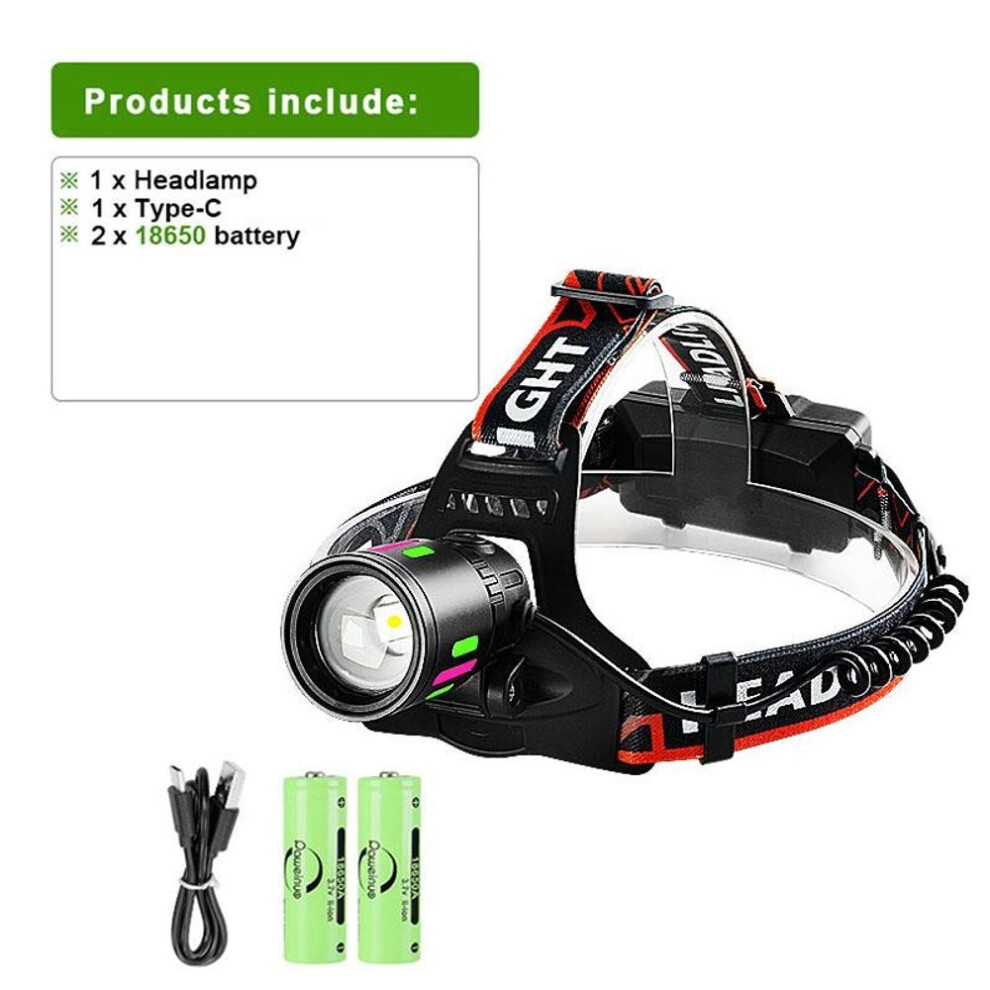 (with 2 batteries) 2025 High Power Rechargeable Led Outdoor Headlamp With 3 Modes, Type-c Charging Head Flashlight For Fishing, Hiking, Car Repair