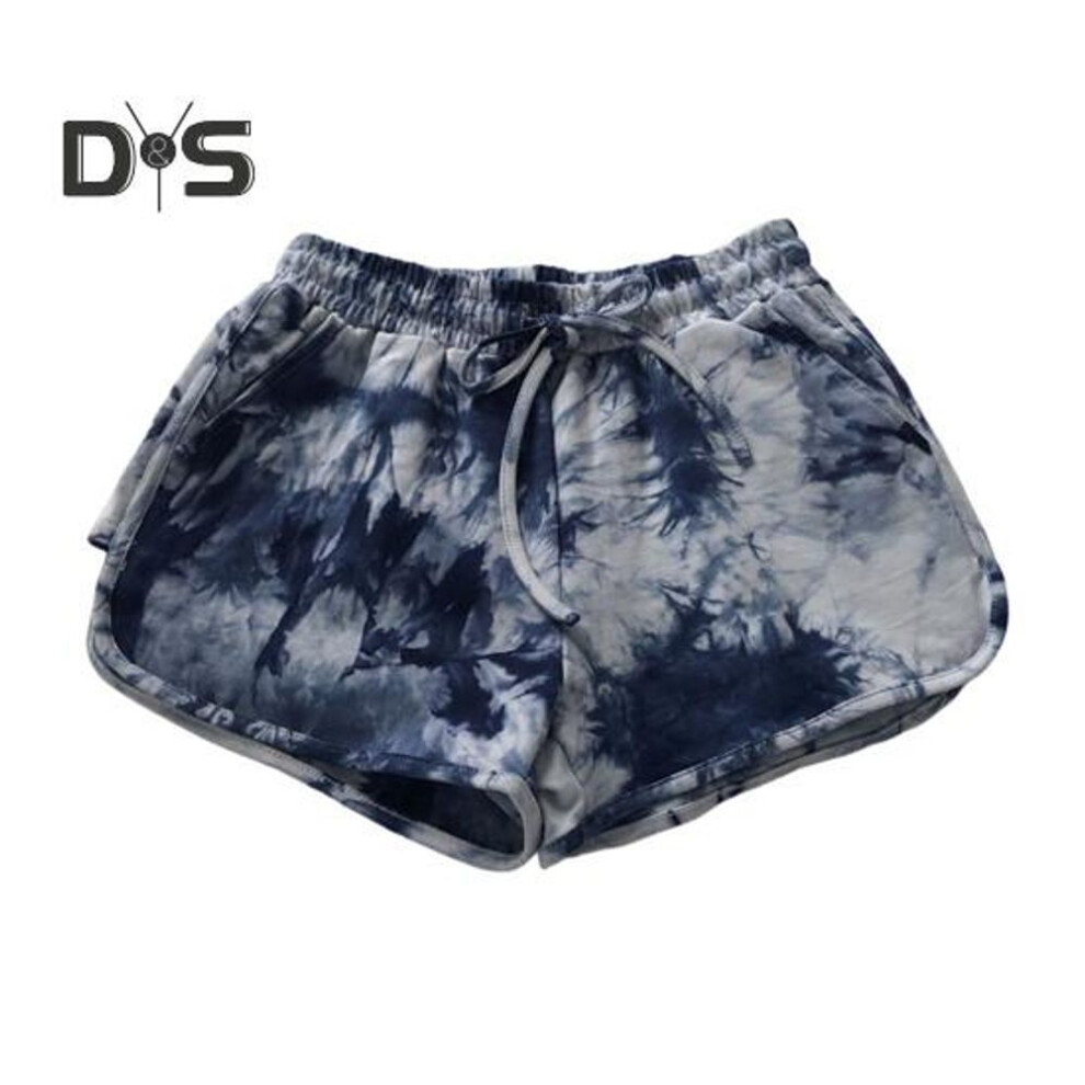 (blue, 2XL) Women Shorts Elastic Drawstring High Waist Sport Shorts Tie-dye Print Wide Leg Pants Versatile Regular Style Running Shorts
