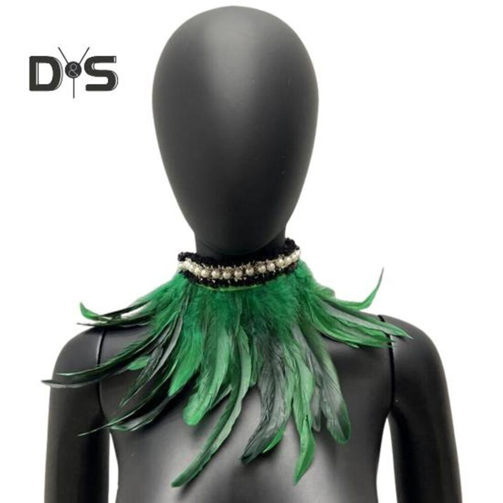 (green) Faux Feather Scarf Faux Pearl Decor Soft Adjustable Lace-up Ribbon Retro Gothic Collar Cosplay Party Stage Performance Faux Feather Collar Dancer