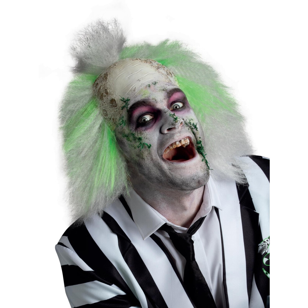 Smiffy's Beetlejuice Adult Wig With Fabric Bald Head White And Green Colours Officially Licensed Warner Brothers Wig Fabric Bald Effect Halloween Mens Adult White,Green