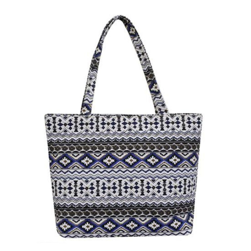 (black white) Ethnic Style Retro Print Shoulder Bag Large Capacity Splicing Knitting Tote Hand Bag Simple Canvas Bag