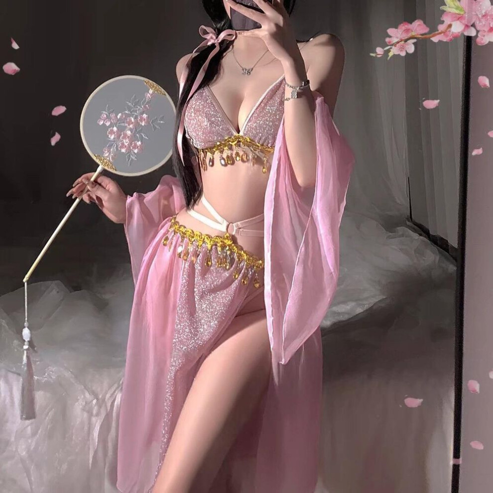 (one size fits all, pink) Sexy lingerie sexy straps antique uniform retro pajamas belly pocket lace chiffon uniform