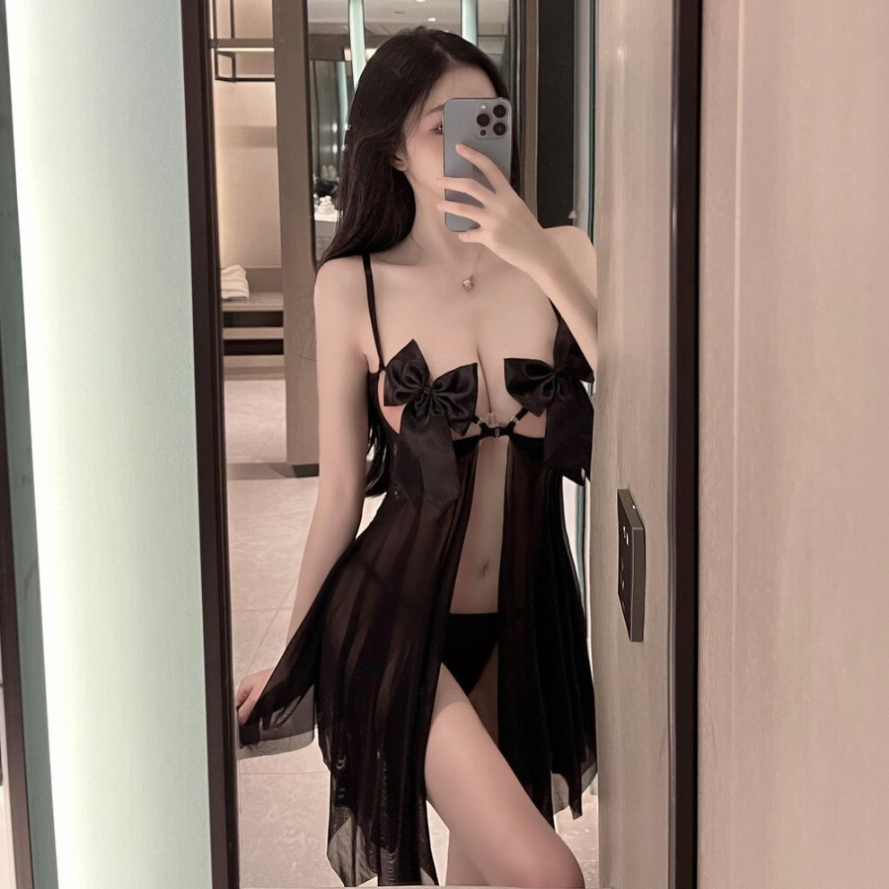 (black, Average size 80-65kg) Bow beautiful suspender sexy perspective nightdress back deep chest hot dress