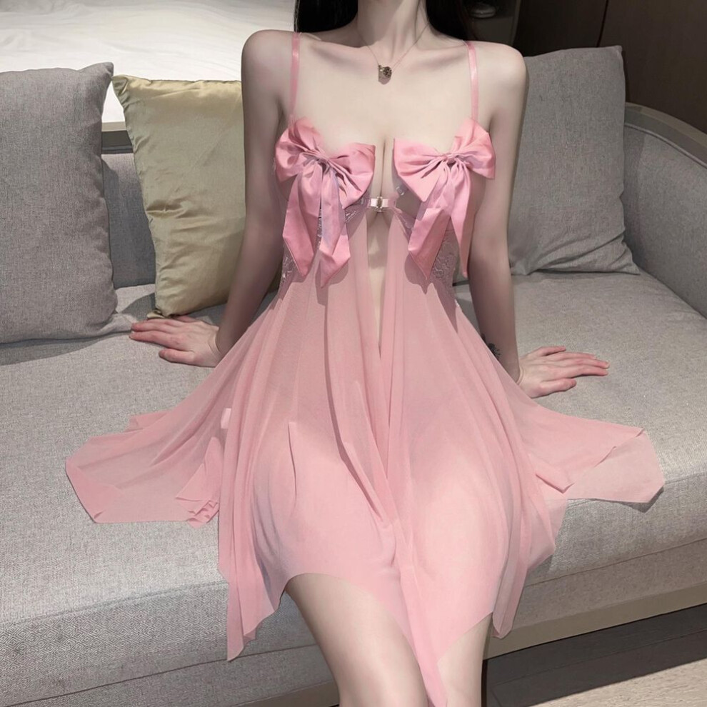(pink, Average size 80-65kg) Bow beautiful suspender sexy perspective nightdress back deep chest hot dress