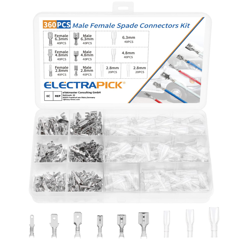 360S Electrical Wire Connector Male Female Spade Connectors Wire Crimp Terminal Block With Insulating Sleeve Kit (2.8 Mm 4.8 Mm 6.3 Mm) 033985885911