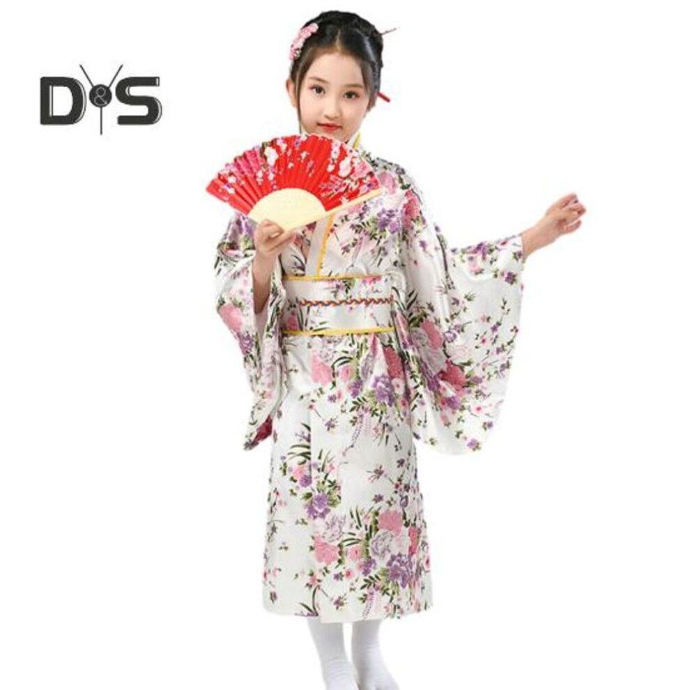 (white, 110cm) 1 Set Japanese Kimono Vibrant Cherry Blossom Print Easy To Wear Cosplay School Performances Kimono For Girls