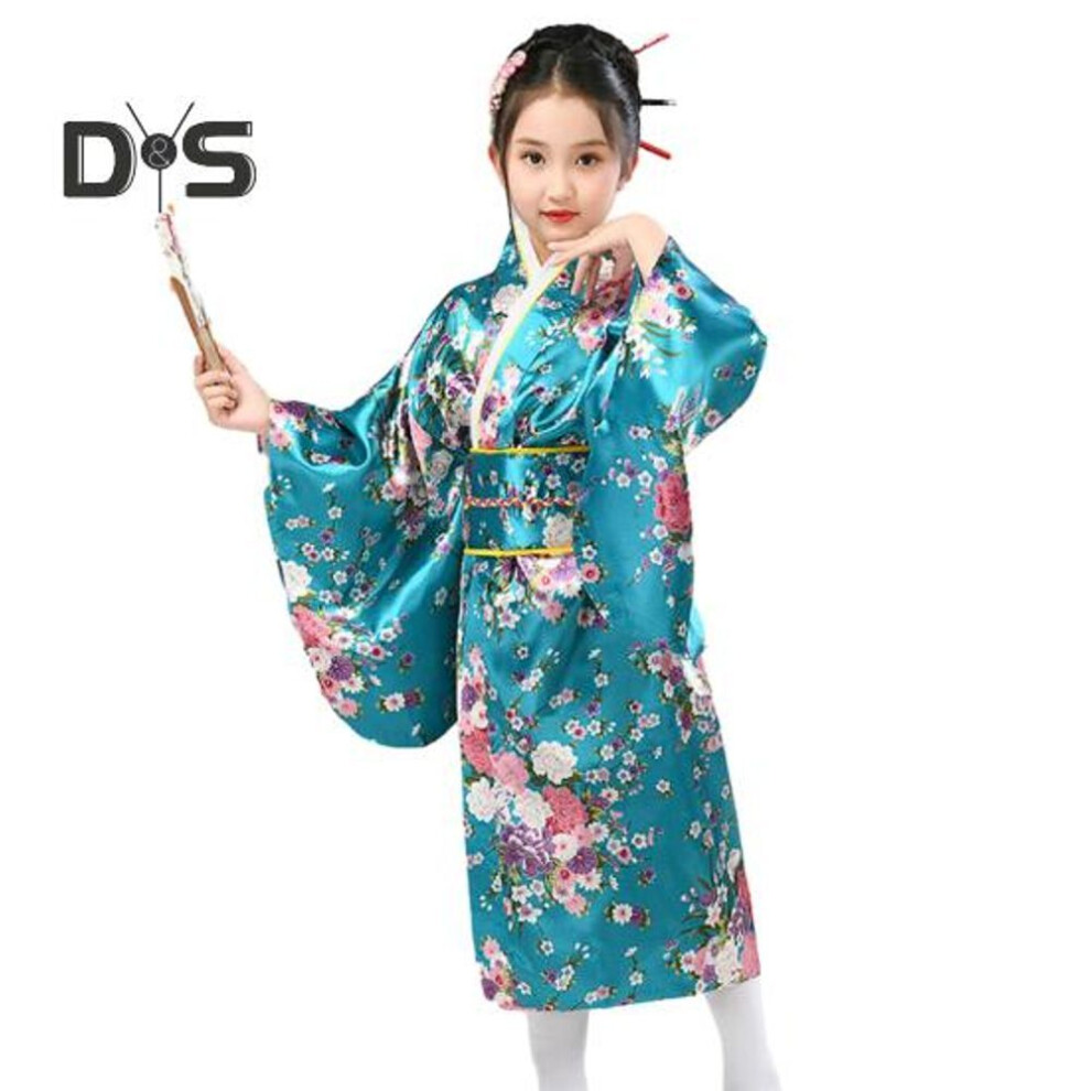 (blue, 110cm) 1 Set Japanese Kimono Vibrant Cherry Blossom Print Easy To Wear Cosplay School Performances Kimono For Girls