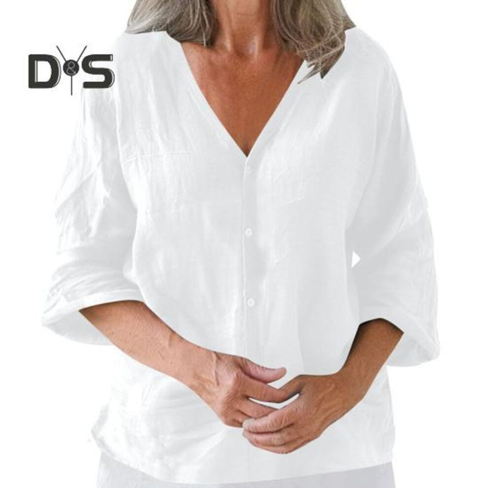 (S, white) Women Shirt Loose Fit V-Neck 3/4 Sleeve Summer Top Buttons Closure Solid Color Casual Tee Daily Wear