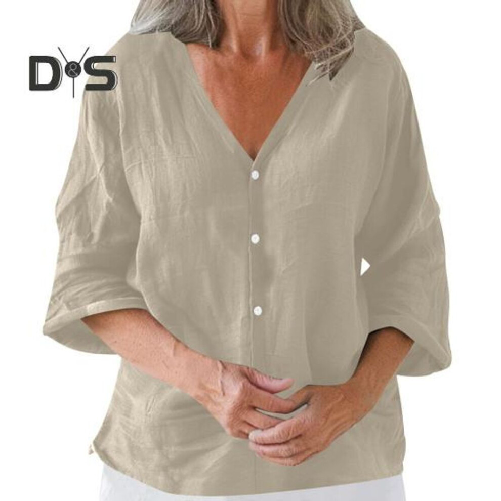 (XL, apricot) Women Shirt Loose Fit V-neck 3/4 Sleeve Summer Top Buttons Closure Solid Color Casual Tee Daily Wear