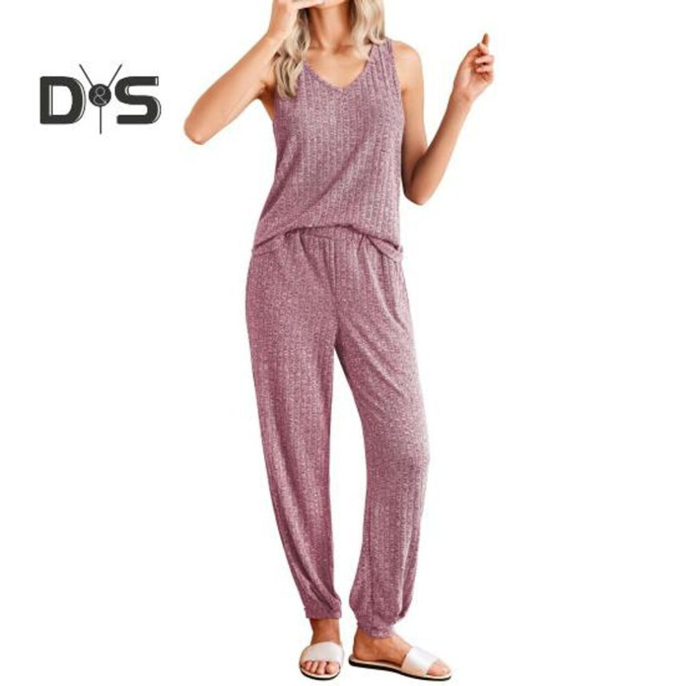 (2XL, pink) Women's Two Piece Pajamas Set Waffle Knit Cotton Loungewear Sleeveless Tank Top Long Pants Outfits Casual Summer Home Wear