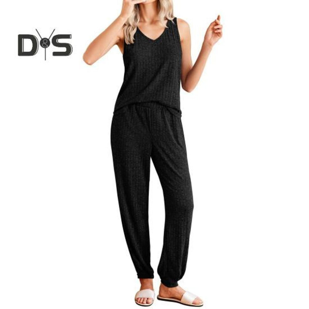 (L, black) Women's Two Piece Pajamas Set Waffle Knit Cotton Loungewear Sleeveless Tank Top Long Pants Outfits Casual Summer Home Wear